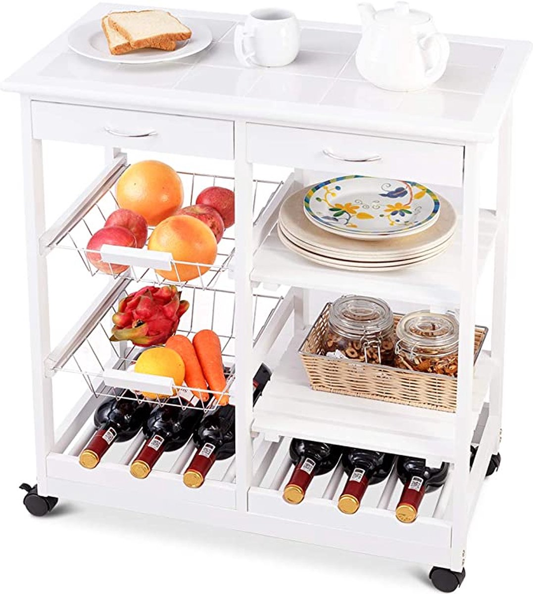 Serveerwagen van grenenhout; met schuifladen; geschikt als trolley in de keuken; wit