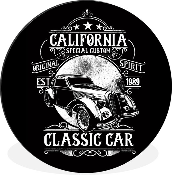 Cercle mural - Cercle mural - Mancave - Car - Vintage - Zwart - Wit - Aluminium - Dibond - ⌀ 60 cm - Intérieur et Extérieur