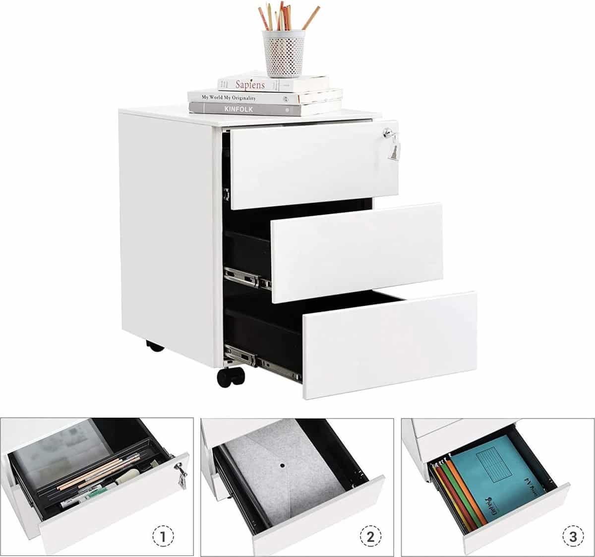 Ladeblok Wit - Voor gemonteerd ladeblok - Ladeblok Bureau - Ladeblok Met Slot 3 Lades 55 x 45 x 39 cm