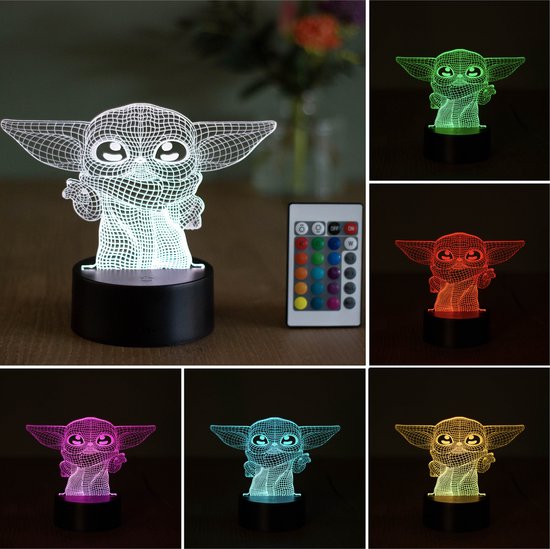 Klarigo®️ Veilleuse - Lampe LED 3D Illusion - 16 Couleurs - Lampe de bureau - Lampe Bébé Yoda - L'Enfant - Lampe d'ambiance - Veilleuse Enfants - Lampe Creative - Avec télécommande