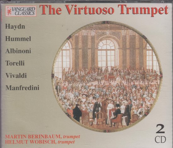 CD-hoes 'The Virtuoso Trumpet' met lijst van componisten en een afbeelding van een orkest in een balzaal.