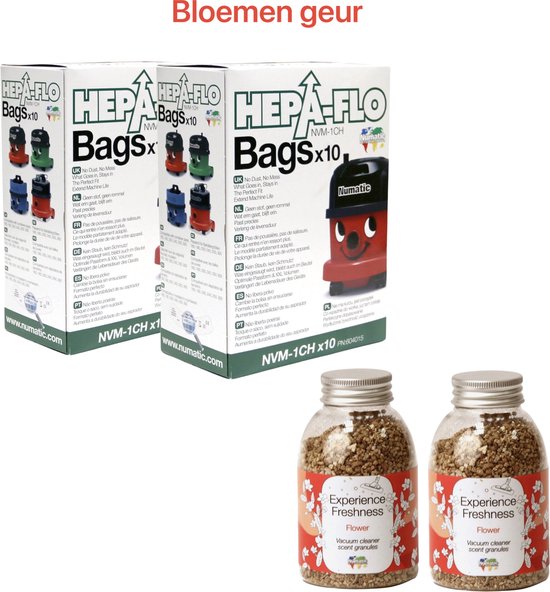 Numatic - 2x Stofzuigerzakken + 2x Geurkorrels (bloemen geur) - Hepa flo bags - Voor Henry/Hetty - NVM 1CH X10 - COMBIDEAL