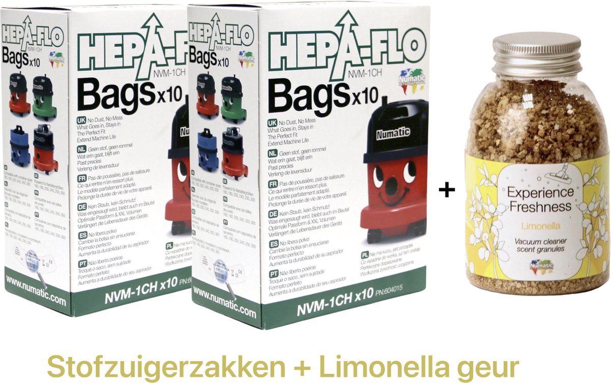 Numatic - 2x Stofzuigerzakken + 1x Geurkorrels (limonella geur) - Hepa flo bags - Voor Henry/Hetty - NVM 1CH X10 - COMBIDEAL
