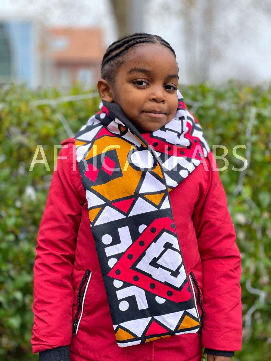 Warme Sjaal voor Kinderen met Afrikaanse print Unisex - Mosterd Rode Samakaka - Winter sjaal / Fleece sjaal / Afrika print