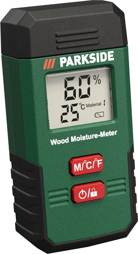 Foto: Parkside vochtigheidsmeter bouw en houtvochtigheidsmeter voor het eenvoudig meten van vocht in hout muren en bouwmateriaal weergave van de vochtigheidsgraad in via groot lc display met een meetbereik van 0 44 temperatuurweergave