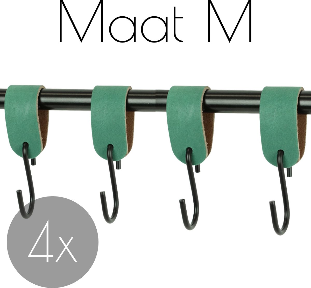 4x Leren S-haak hangers - Handles and more® | ZEEGROEN - maat M (Leren S-haken - S haken - handdoekkaakje - kapstokhaak - ophanghaken)
