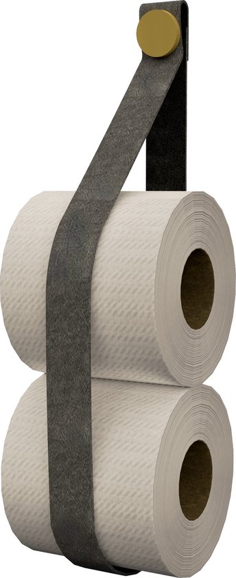 Leren toiletrol-voorraadhouder, met zuignap én schroef - Handles and more® | leer: VINTAGE GREY / knop: Goud (reserverolhouder - toiletrolhouder - toiletrollen houder - toilet rol voorraad houder)