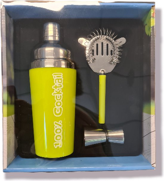 Felgele cocktailshaker met '100% Cocktail' tekst, zeef en jigger.