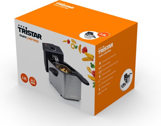 Doos van de Tristar FR-6919 friteuse, met afbeeldingen van de friteuse en gebakken frietjes.