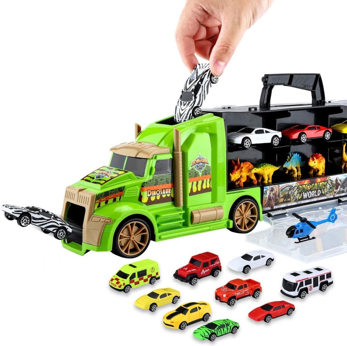 Allerion Dinosaurus Auto XL Speelgoedset - 13 delig – Inclusief Opbergkoffer – Met dinosaurussen, voertuigen en een speelmat - Allerion®