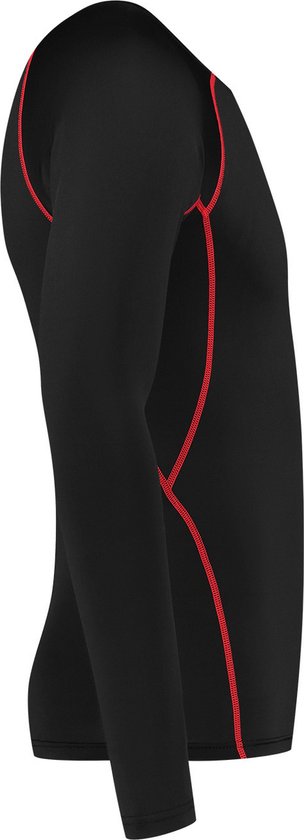 Vue de côté d'un t-shirt de sport noir à manches longues avec coutures rouges.