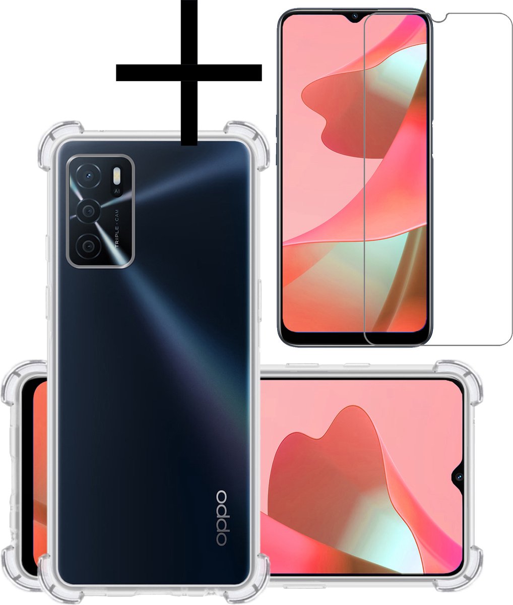 Hoesje - Met Screenprotector - Geschikt voor OPPO A16s - Sterk & Shockproof - Siliconen Case - Back Cover - Telefoon Hoes - Shock Proof - Transparant