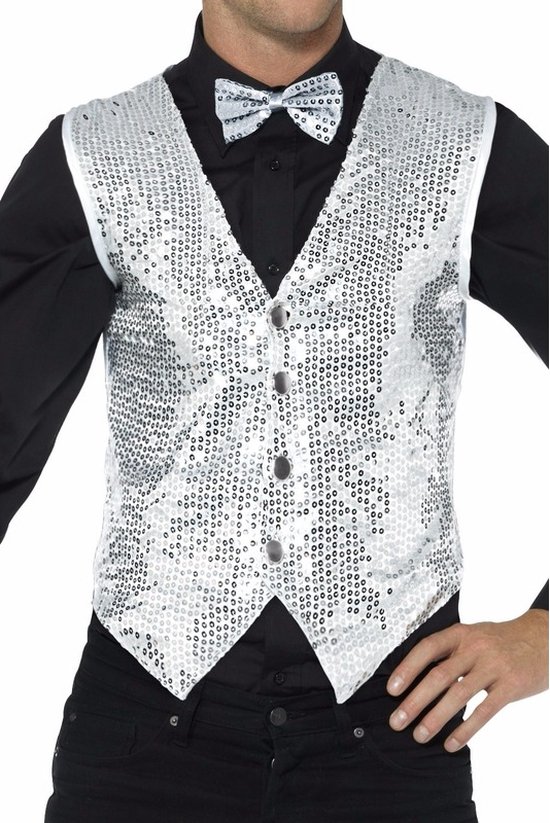 Smiffys carnavalkleding verkleed Pailetten Gilet/vestje - zilver - Heren - Polyester 56/58