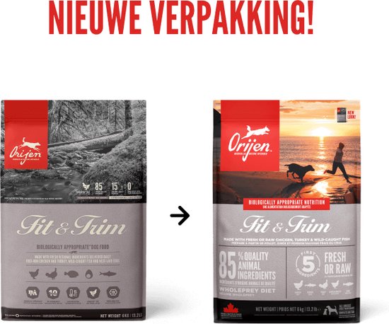 Nieuwe verpakking Orijen Fit & Trim met boslandschap en zonsondergang op strand.