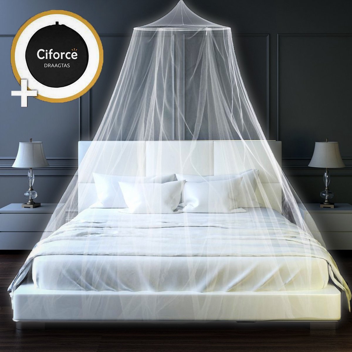 Ciforce® Klamboe 2 persoons XL Reis klamboe - Rond muggennet - 100% Beschermt tegen muggen - Geschikt voor 2 persoons bed - Met ophangkoord - Inclusief reistas - Wit - Ciforce