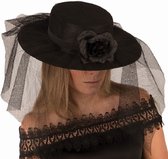 Halloween - Zwarte dameshoed met sluier en bloem