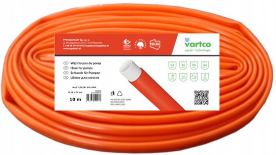 Opgerolde oranje platte tuinslang van 10 meter, met het Vartco-logo en productinformatie.