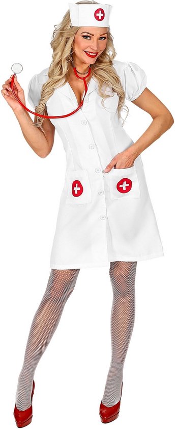 Widmann - Verpleegster & Masseuse Kostuum - Hospitaal Verpleegster Snelle Pols - Vrouw - Wit / Beige - XL - Carnavalskleding - Verkleedkleding