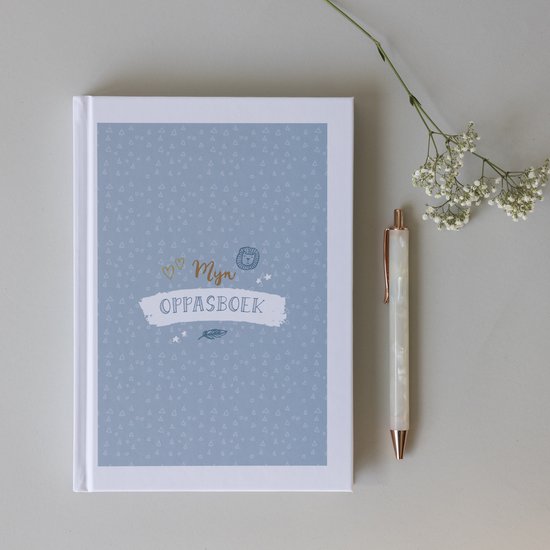 Blauw 'Mijn Oppasboek' met driehoekjes en sterretjes patroon, naast een roze pen en een takje bloemen.