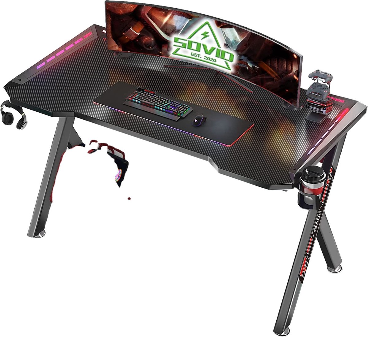 AVL- Computertafel - Game bureau - RGB LED - Playstation - Xbox - gaming desk- Zwart/Carbon- Bekerhouder, Koptelefoonhouder