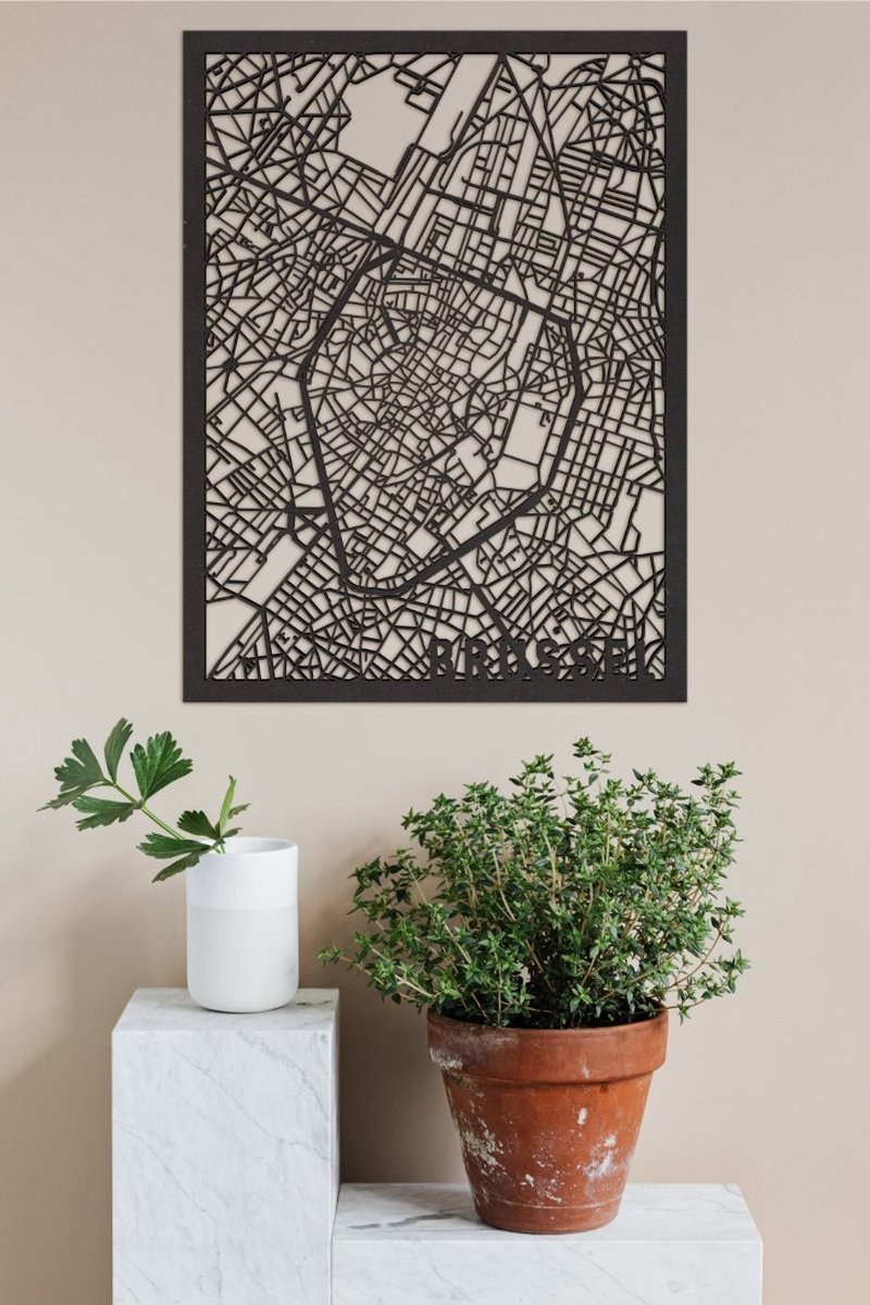 Houten Stadskaart Brussel Zwart Mdf 50x70cm Wanddecoratie Voor Aan De Muur City Shapes