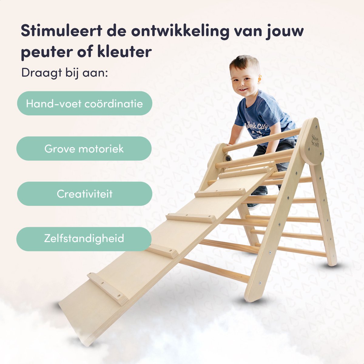 Skye & Scott Houten Klimrek - Pikler - Klimdriehoek - Inclusief Glijd- en Klauterplankje — afbeelding 8