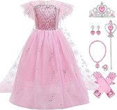 Princess Dress Girl - Jouets - Robe Elsa - Rose - Taille 128/134 (140) - Kroon - Baguette Magique - Gants - Bijoux