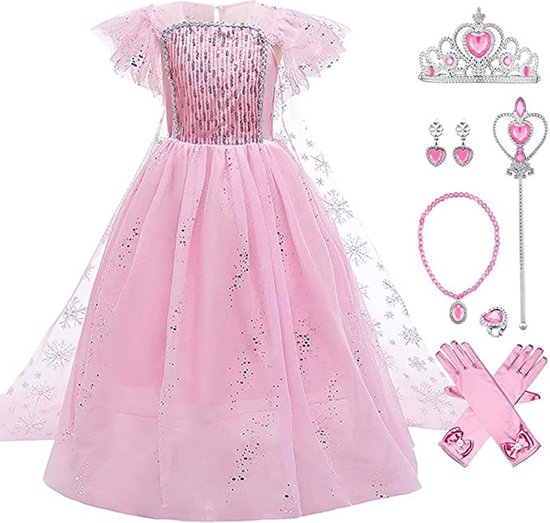 Elsa jurk - roze prinsessenjurk meisje -Het Betere Merk - Prinsessen speelgoed - Carnavalskleding kinderen - Prinsessen verkleedkleding - 92/98 (100) - Juwelenset - Lange handschoenen - kroon - Tiara - Toverstaf - Kleed