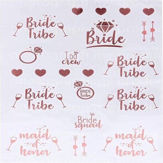 Tatouages avec textes "Bride Tribe", "Bride", "I Do Crew", "Bride Squad", "Maid of Honor" et symboles