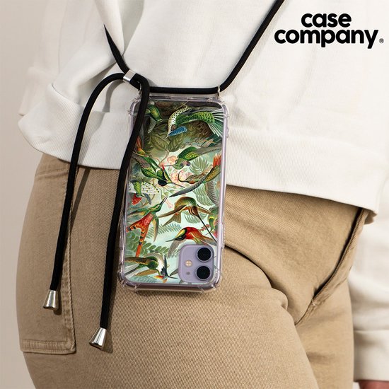 iPhone 13 Pro hoesje met een print van kolibries in verschillende kleuren en een zwart koord.