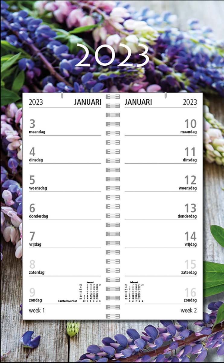 MGPcards - Omleg-weekkalender 2023 - Week begint op Maandag - Bloemen - Paars