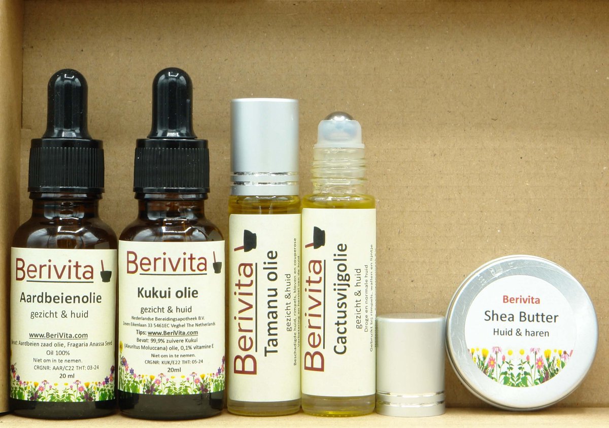 Goedkoopste Rimpels & Fijne Lijntjes Verzorgingspakket - 100 Natuurlijk - Aardbeienolie 20ml, Cactusvijgolie Roller, Kukui Olie 20ml, Tamanu Olie Roller, Shea Butter 15ml