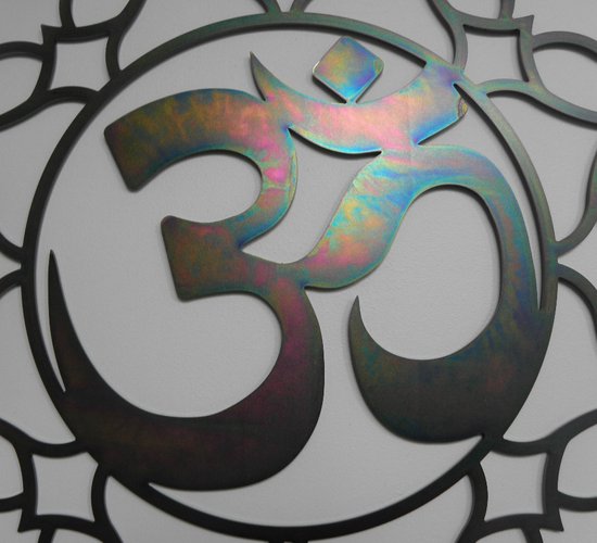 Décoration murale en acier - Groot 75cm - Ohm avec lotus - Couleur huileuse - Yoga - Qualité