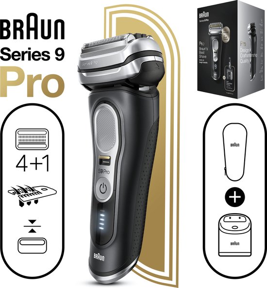 Braun Series 9 Pro scheerapparaat met accessoires: 4+1 scheerelementen en SmartCare center.