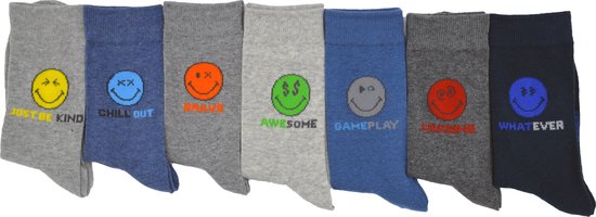 Smileyworld® 7 paar jongens sokken - voor elke dag van de week - LOADING - grijs & blauw - maat 31/34 - hoogwaardige katoen