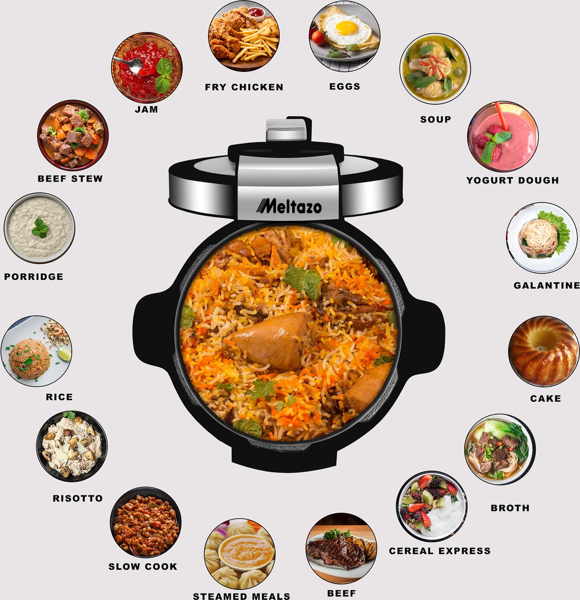 MELTAZO Multicooker, 6L, 14-in-1 Elektrische Snelkookpan met LED Touch Screen, Pressure Cooker Electrisch, Electric Pressure Cooker, Multicuiseur, Multi cooker, Rijstkoker, Yoghurtmaker, Slowcooker, Soepmaker, Stomer (RVS/Zwart) – foto 7