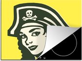 KitchenYeah® Inductie beschermer 65x52 cm - Kinderillustratie van een piratenvrouw op een gele achtergrond - Kookplaataccessoires - Afdekplaat voor kookplaat - Inductiebeschermer - Inductiemat - Inductieplaat mat