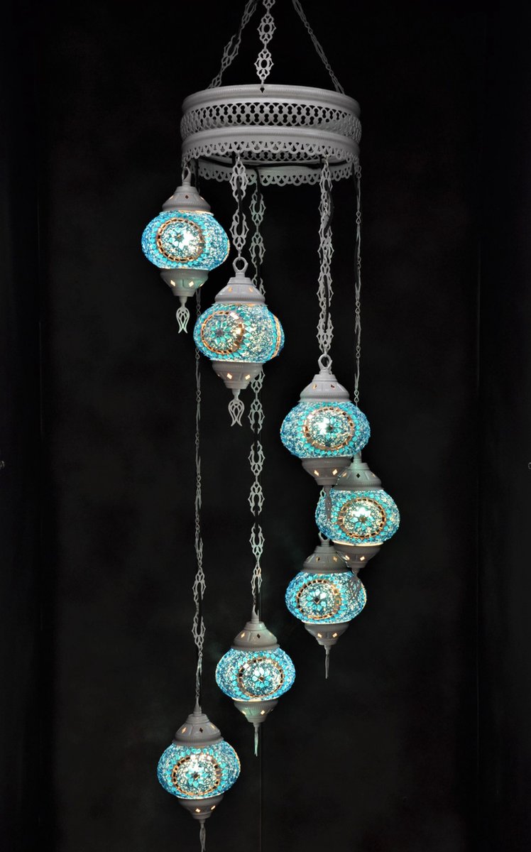 Hanglamp multicolour glas blauw mozaïek Oosterse lamp kroonluchter Crèmewit 7 bollen