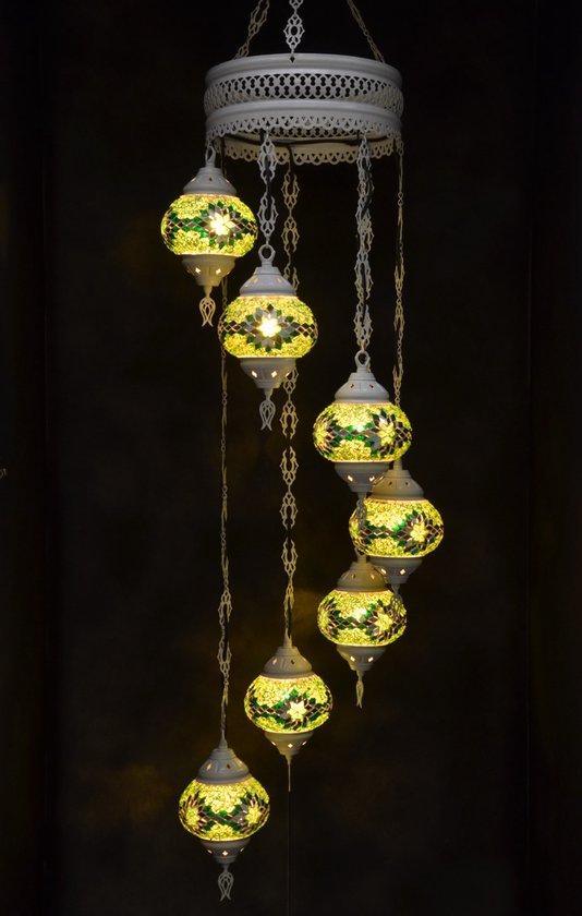 Hanglamp multicolour glas groen mozaïek Oosterse lamp kroonluchter Crèmewit 7 bollen