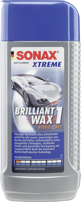 Sonax Xtreme Brilliant Wax 1 flesje met afbeelding van een sportwagen en tekst in het Duits.