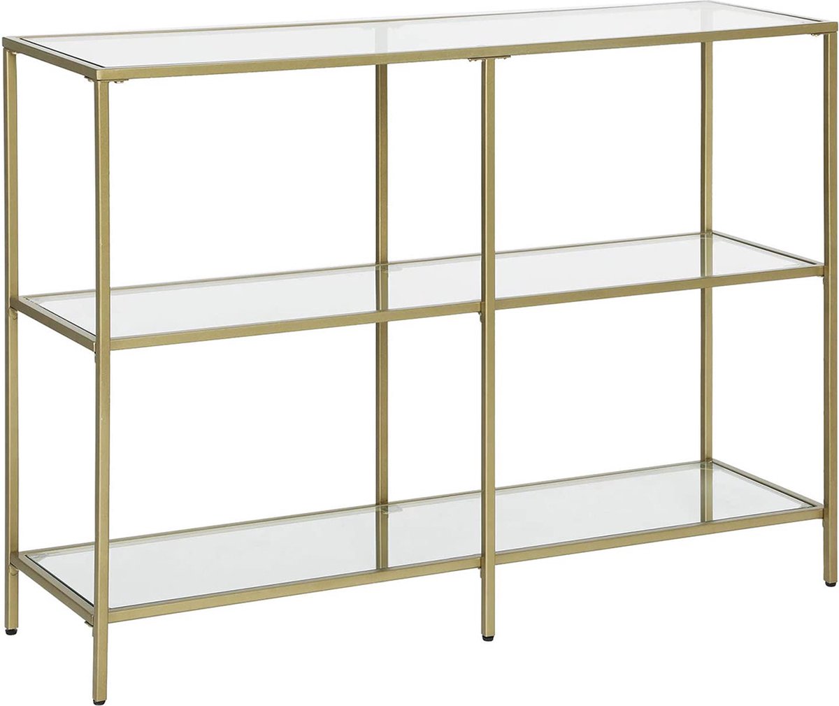 Hoppa! Console Tafel | Bijzettafel Met 3 Planken Van Gehard Glas | Banktafel | Moderne Opbergrek | Stabiel | Eenvoudig Te Monteren | Woonkamer, Hal, Slaapkamer, Keuken | Goudkleurige