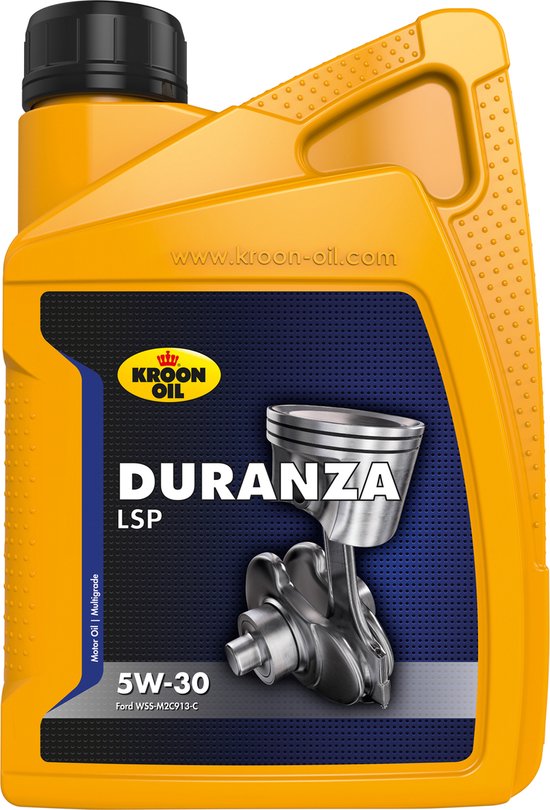 Oranje Kroon-Oil Duranza LSP 5W-30 motorolie kan met p÷istonafbeelding. Inhoud 1 liter.
