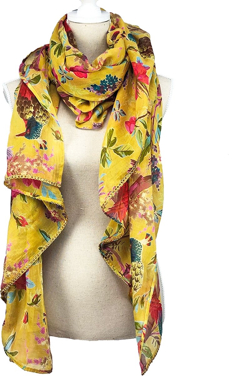 Sjaal | 100 x 200cm | Imbarro | Paradijsvogel-print | Shawl | Fashion | Okergeel