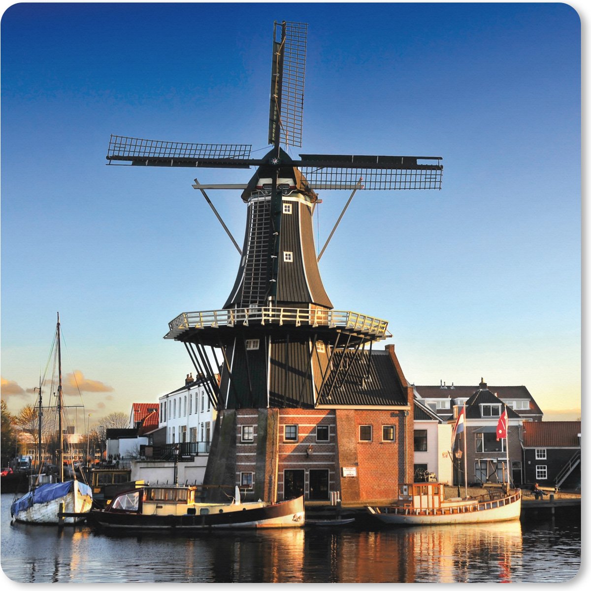 Muismat XXL 60x60 cm - Bureau onderlegger - Bureau mat Windmolen aan het water in Haarlem - Bureaumat - Gaming mousepad xl - Bureaulegger groot - Computer deskmat