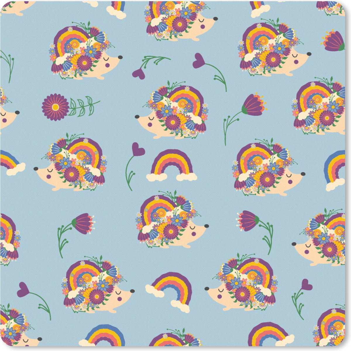 Muismat XXL 60x60 cm - Bureau onderlegger - Bureau mat Egel - Regenboog - Bloemen - Patroon - Kinderen - Bureaumat - Gaming mousepad xl - Bureaulegger groot - Computer deskmat