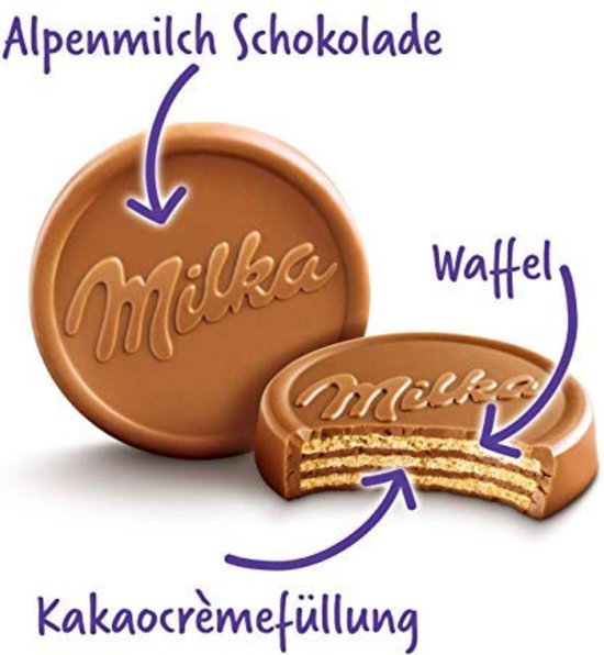 Milka Alpenmelk Chocolade met wafel en cacaocrèmevulling.