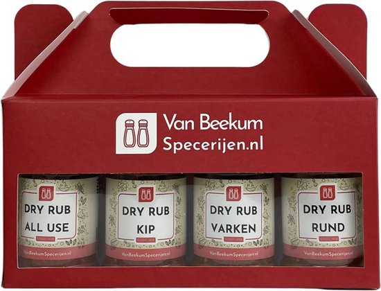 Rood cadeaupakket van Van Beekum Specerijen met vier potjes dry rub: All Use, Kip, Varken en Rund.