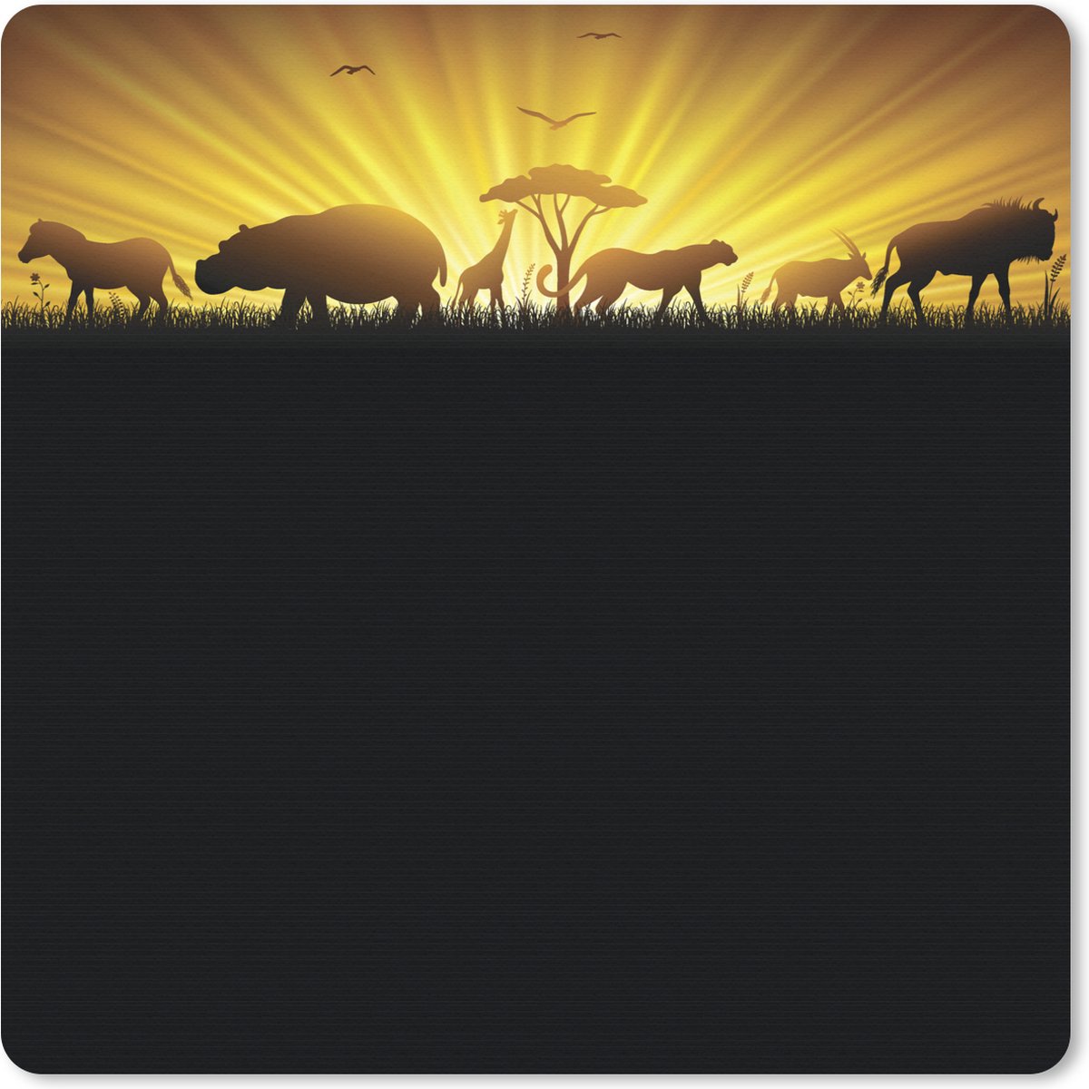 Muismat XXL 80x80 cm - Bureau onderlegger - Bureau mat Een illustratie van een zonsopgang bij een Afrikaans landschap - Bureaumat - Gaming mousepad xl - Bureaulegger groot - Computer deskmat