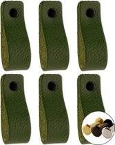 Leren handgrepen - Olijf groen - 6 stuks - 16,5 x 2,5 cm - incl. 3 kleuren schroeven - handgrepen kast leer - meubelgrepen - handvaten kast - leren lus