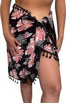 ASTRADAVI Pareo- Sarong met Franjes - Dames Beachwear Omslagdoek - Kleur Zwart & Rose Bloemen